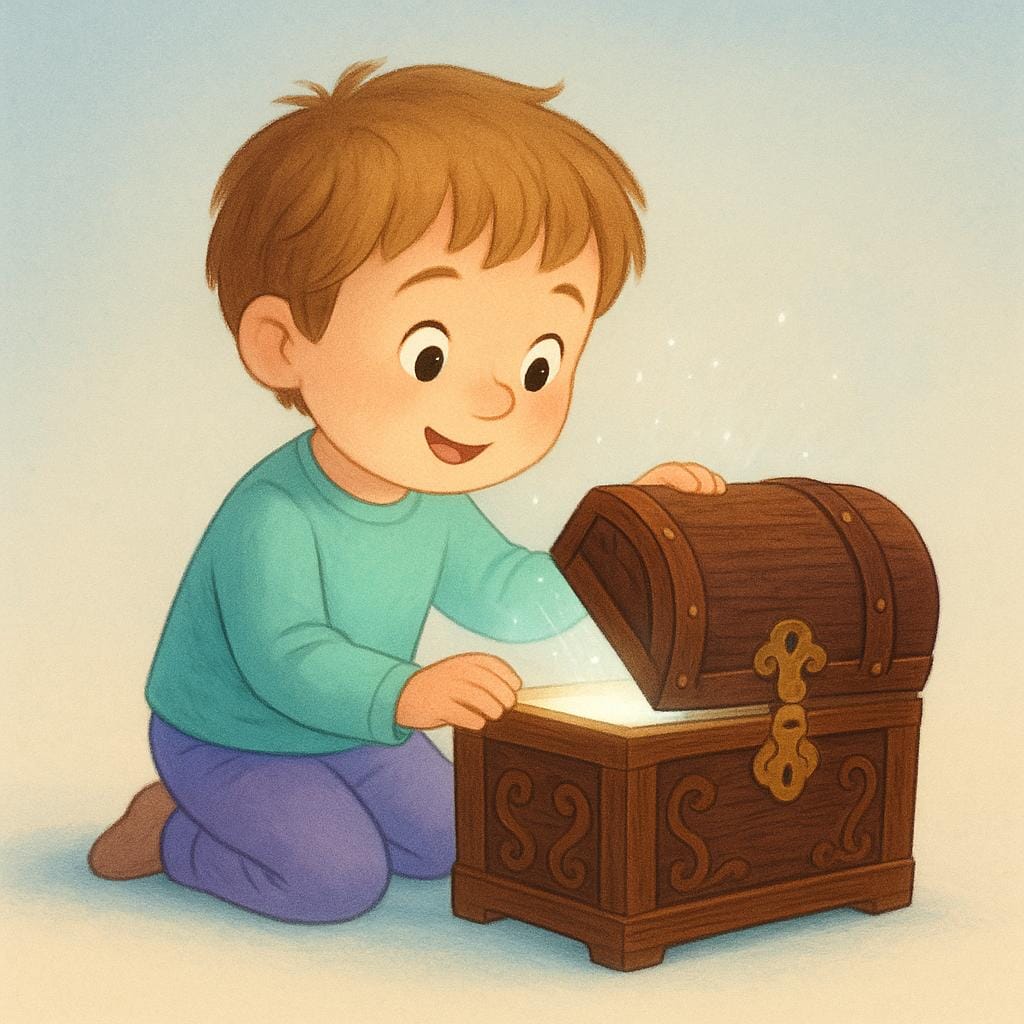 A close-up illustration of a curious child carefully opening a small, wooden treasure chest. A bright, warm light spills out from the contents, suggesting a moment of discovery or potential knowledge.