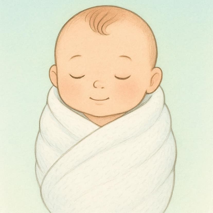 A drawing of a single, peaceful newborn baby, swaddled snugly in a white blanket, being held gently by unseen hands.