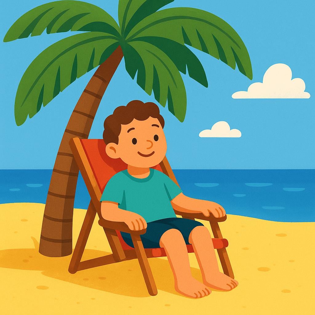 A cartoon character is shown relaxing happily in a bright red beach chair beneath a large green palm tree on a sunny yellow sand beach, visually proving their location.