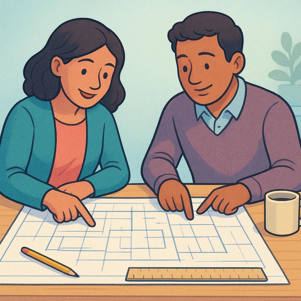 Two professionals, a man and a woman, sitting at a large desk and reviewing a document together, illustrating professional collaboration.