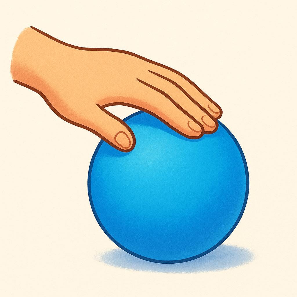 A close-up view of a hand gently touching a smooth, round blue sphere.
