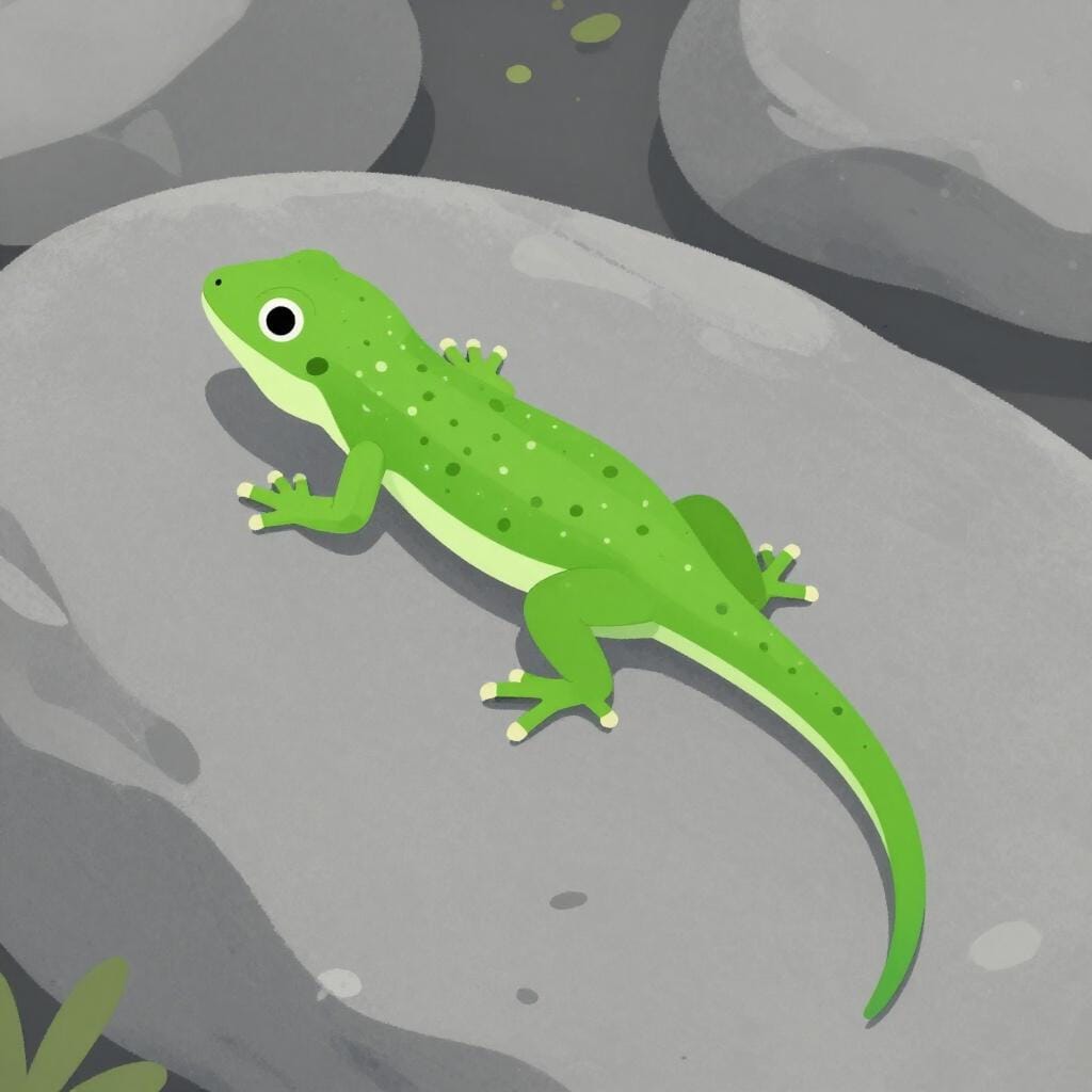 Een kleine groene hagedis die op een zonovergoten rots zit.