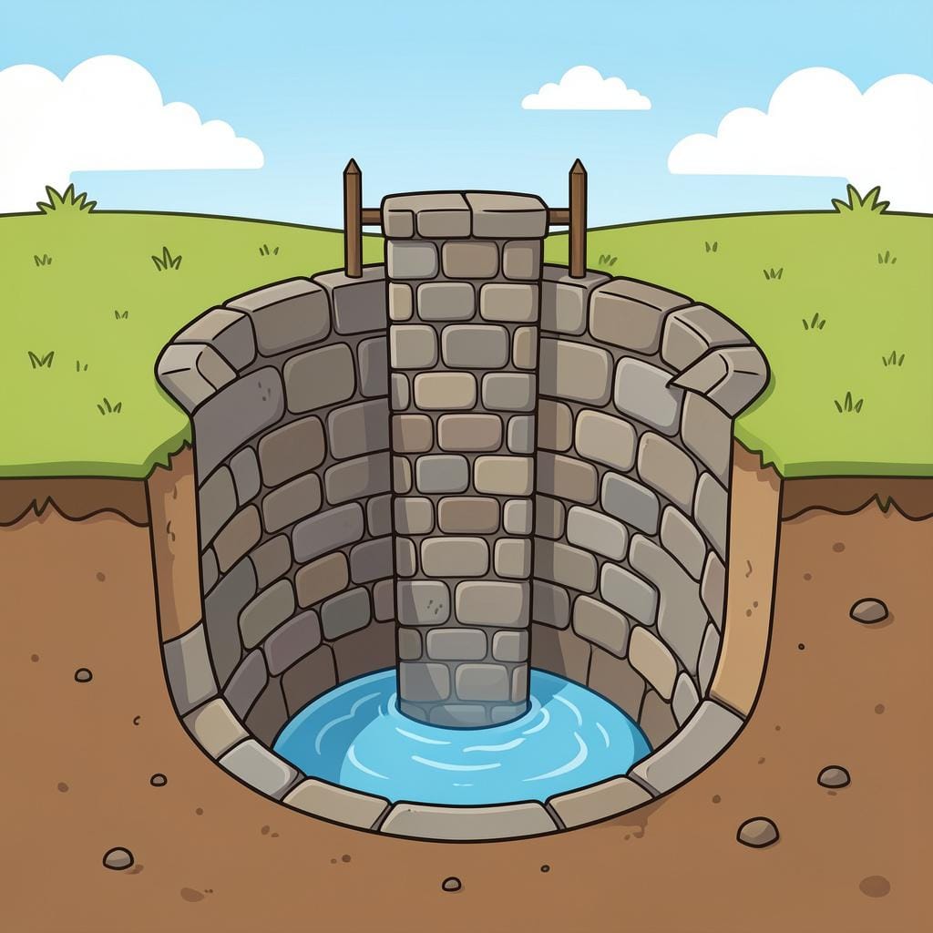 A cross-section of a deep blue well showing water far below the surface.