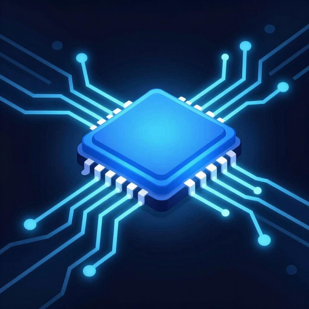 Ein leuchtender blauer Computerchip mit Lichtpulsen, die durch Schaltkreise wandern und digitale Daten darstellen.