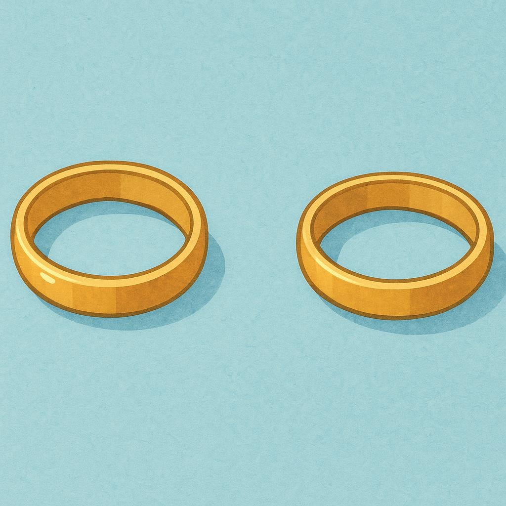 A high-quality illustration showing two simple gold wedding rings lying apart from each other on a pale surface, symbolizing separation.