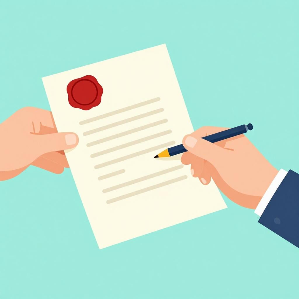 A hand holding a formal golden quill pen, handing a large paper scroll with a red wax seal to another person.