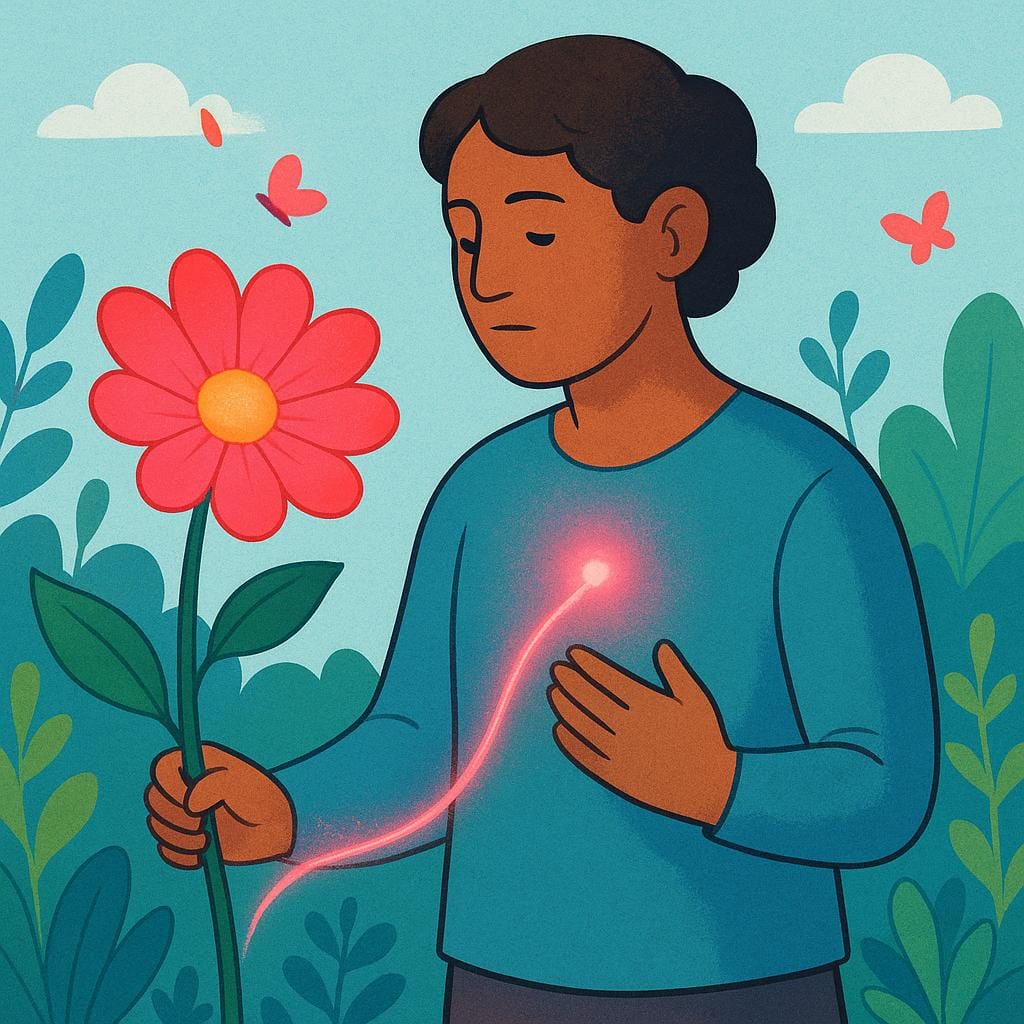 Una persona che guarda intensamente un grande fiore vibrante e sbocciato. Una piccola luce stilizzata e luminosa viaggia dal fiore verso l'area del cuore della persona, a simboleggiare il risveglio di un sentimento.