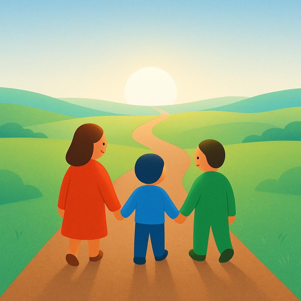 A group of three simplified, diverse human figures walking along a winding path toward a brightly lit horizon, symbolizing a journey or movement.