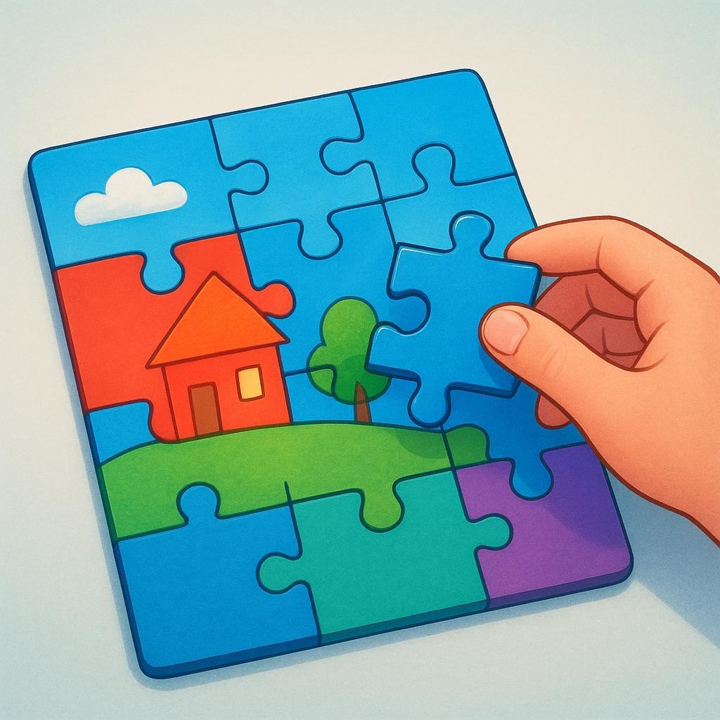 Una mano che posiziona l'ultimo pezzo, perfettamente incastrato, in un puzzle dai colori vivaci, completando l'immagine.