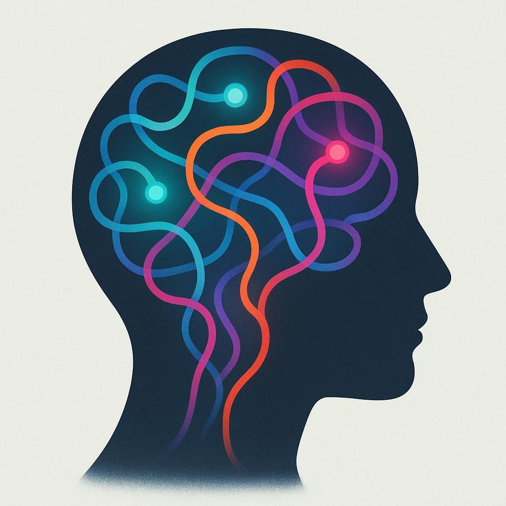 A simple illustration of a human head in profile, showing glowing, interconnected lines inside the brain area, representing the capacity for memory.