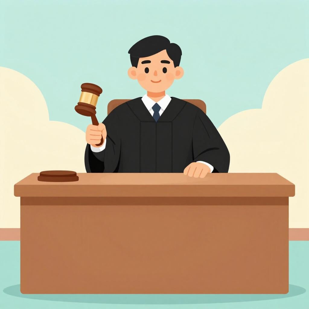 A judge in a black robe sitting at a high wooden bench, holding a wooden gavel.