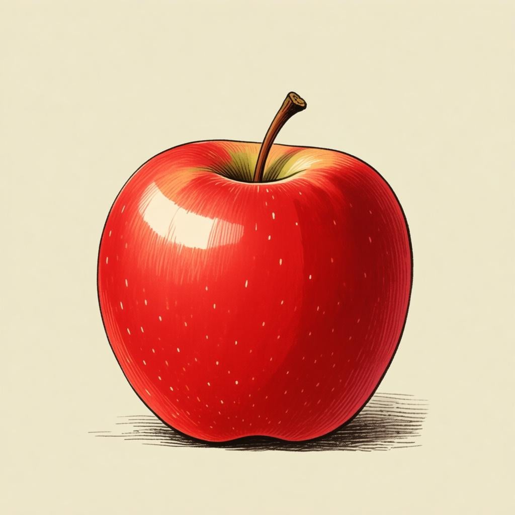 A perfectly round, intensely bright red apple sitting on a muted gray surface, highlighting its vivid color.