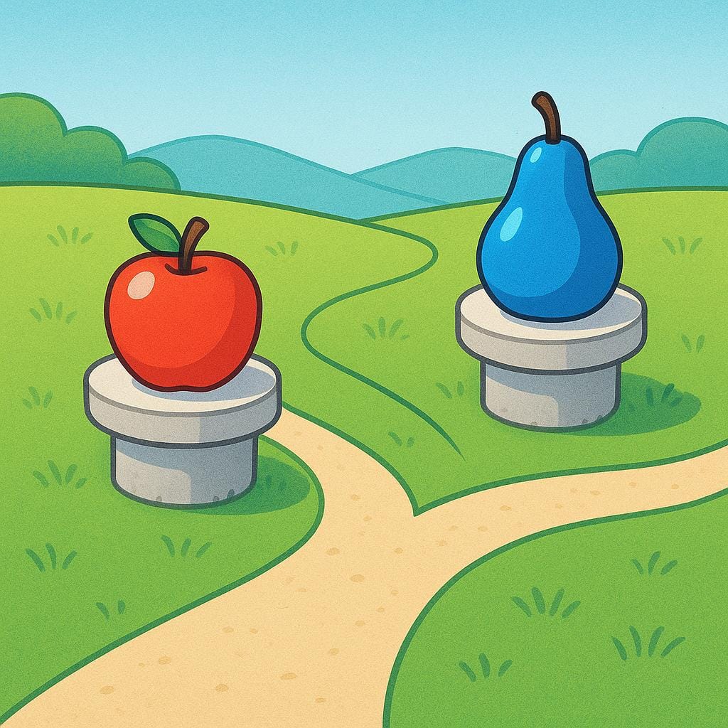 A storybook illustration showing a fork in a road, with one path leading left towards a bright red apple on a pedestal and the other path leading right towards a bright blue pear on a pedestal, representing a choice.
