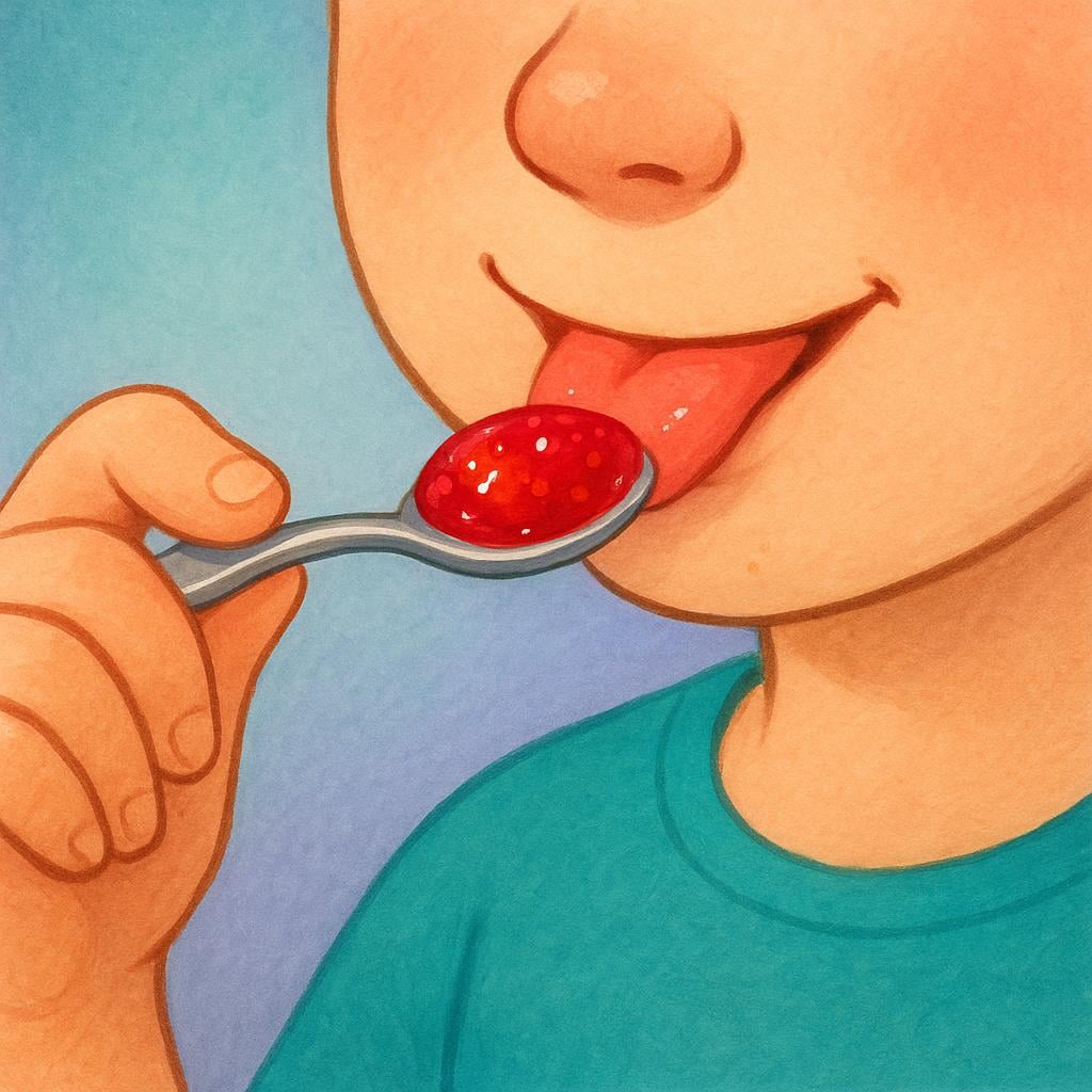 A close-up of a person sampling a small amount of brightly colored jam from a tiny spoon, focusing on the sensory act of tasting.