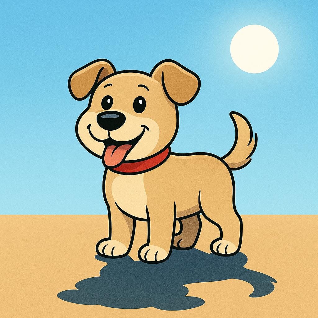 Een cartoonhond die in fel zonlicht staat en een scherpe, donkere schaduw op de grond werpt.