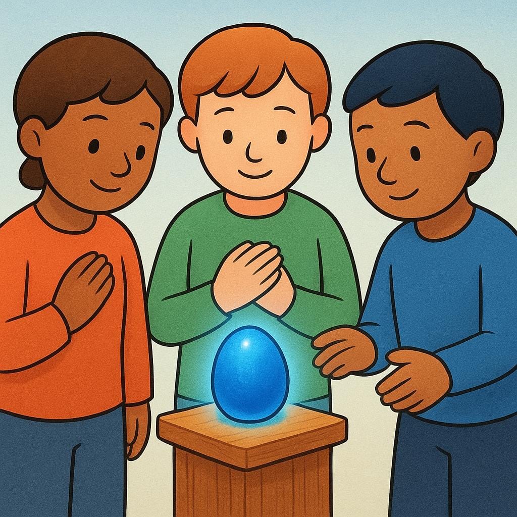 Trois figures se tiennent dans un espace faiblement éclairé, concentrant leur regard avec confiance et conviction sur une petite pierre bleue lisse et brillante reposant sur un simple piédestal.