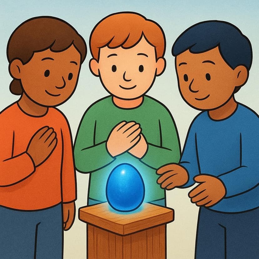 Three figures standing in a dimly lit space, focusing their gaze with trust and conviction upon a small, smooth, glowing blue stone resting on a simple pedestal.