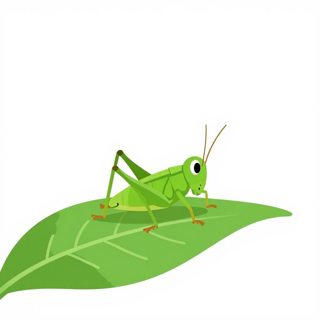 Un grillon vert assis sur une grande feuille verte.