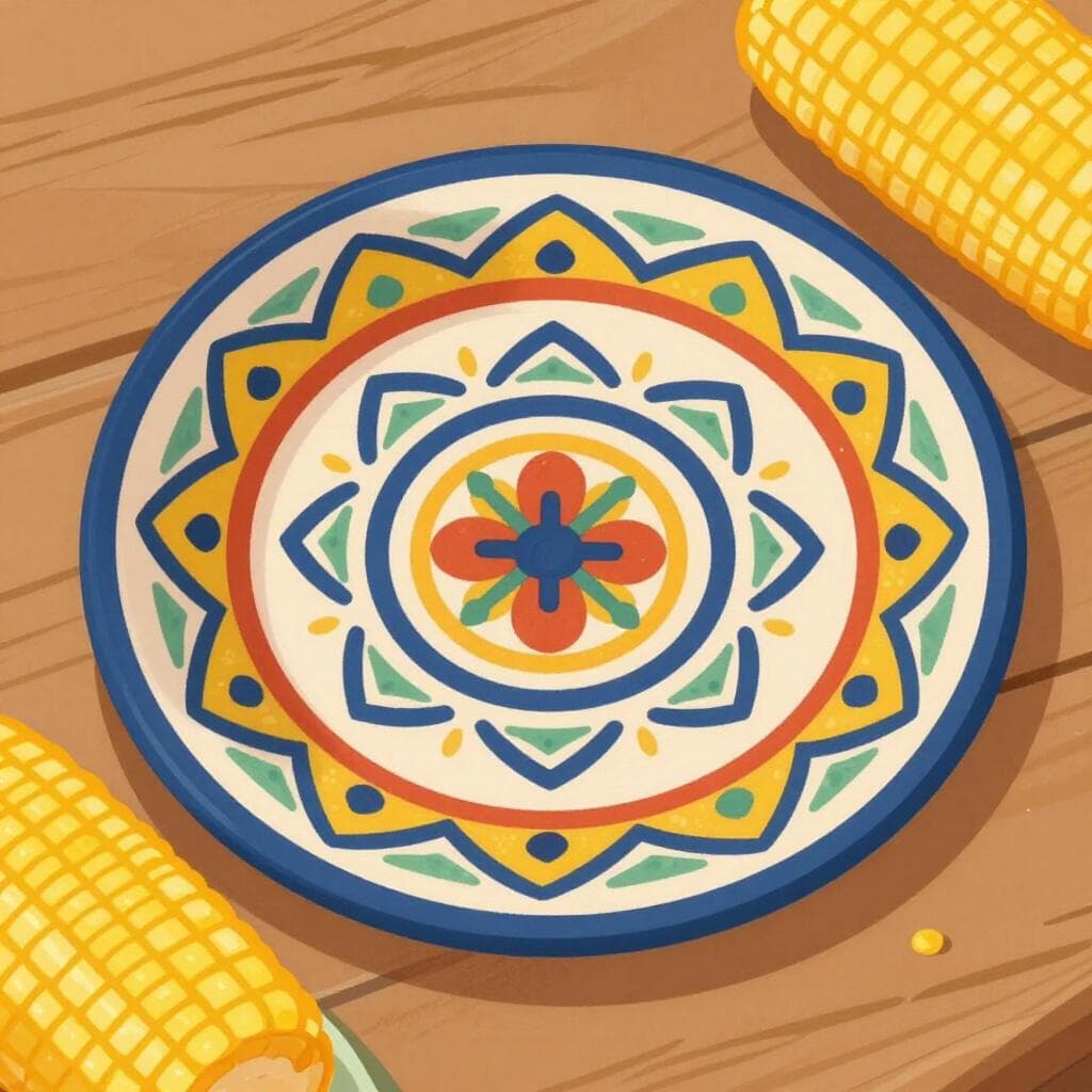 Un piatto di ceramica colorato con motivi tradizionali nicaraguensi e un pezzo di pane di mais locale.
