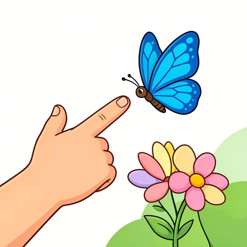 Una mano tesa con l'indice puntato verso una farfalla colorata.