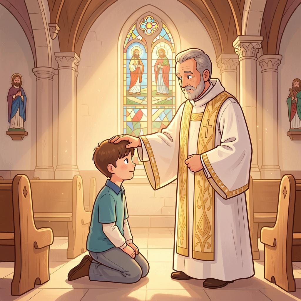 Eine junge Person kniet in einer Kirche, während ein Priester ihr die Hand auf den Kopf legt.