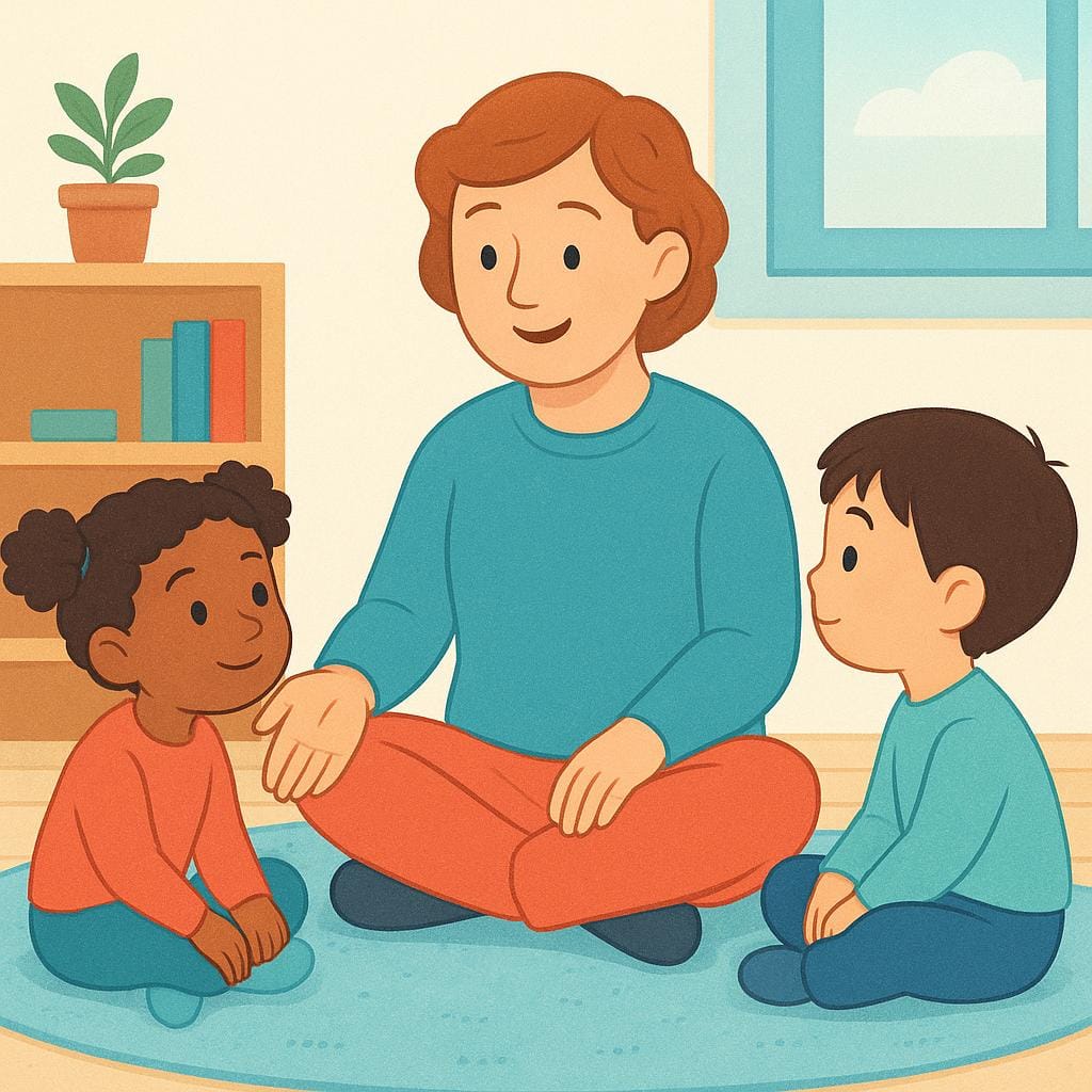 Ein Erwachsener sitzt bequem und gestikuliert ausdrucksstark zu zwei aufmerksamen Kindern, die in der Nähe sitzen, was das Erzählen von Geschichten veranschaulicht.