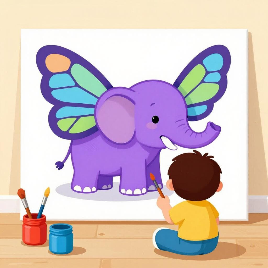A child painting a whimsical purple elephant with large butterfly wings on a canvas.