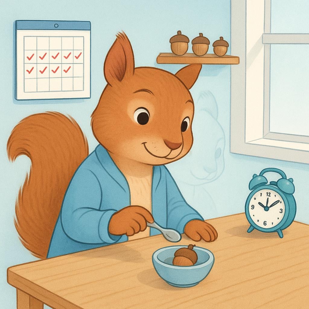 A cheerful anthropomorphic squirrel sitting at a simple wooden table, performing the routine action of eating an acorn from a small bowl.