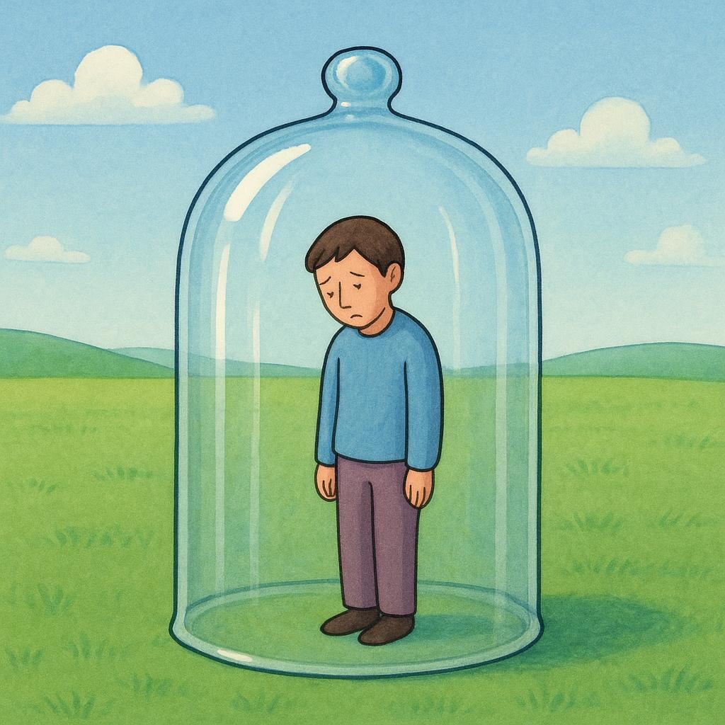 A lone person standing sadly inside a large, transparent glass bell jar placed on a wide, open green field, symbolizing emotional or situational confinement.