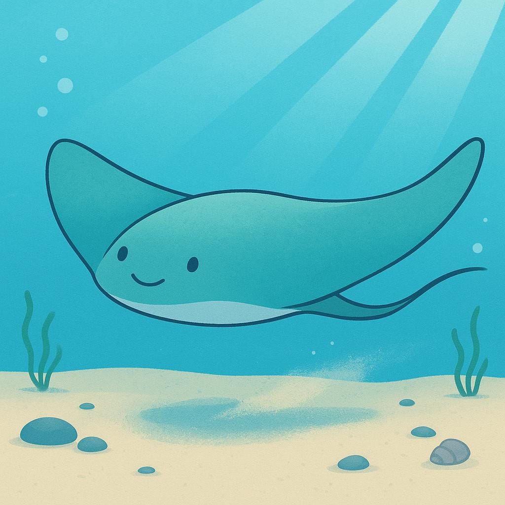 A large, flat stingray swimming gracefully near the sandy seabed in clear blue ocean water.