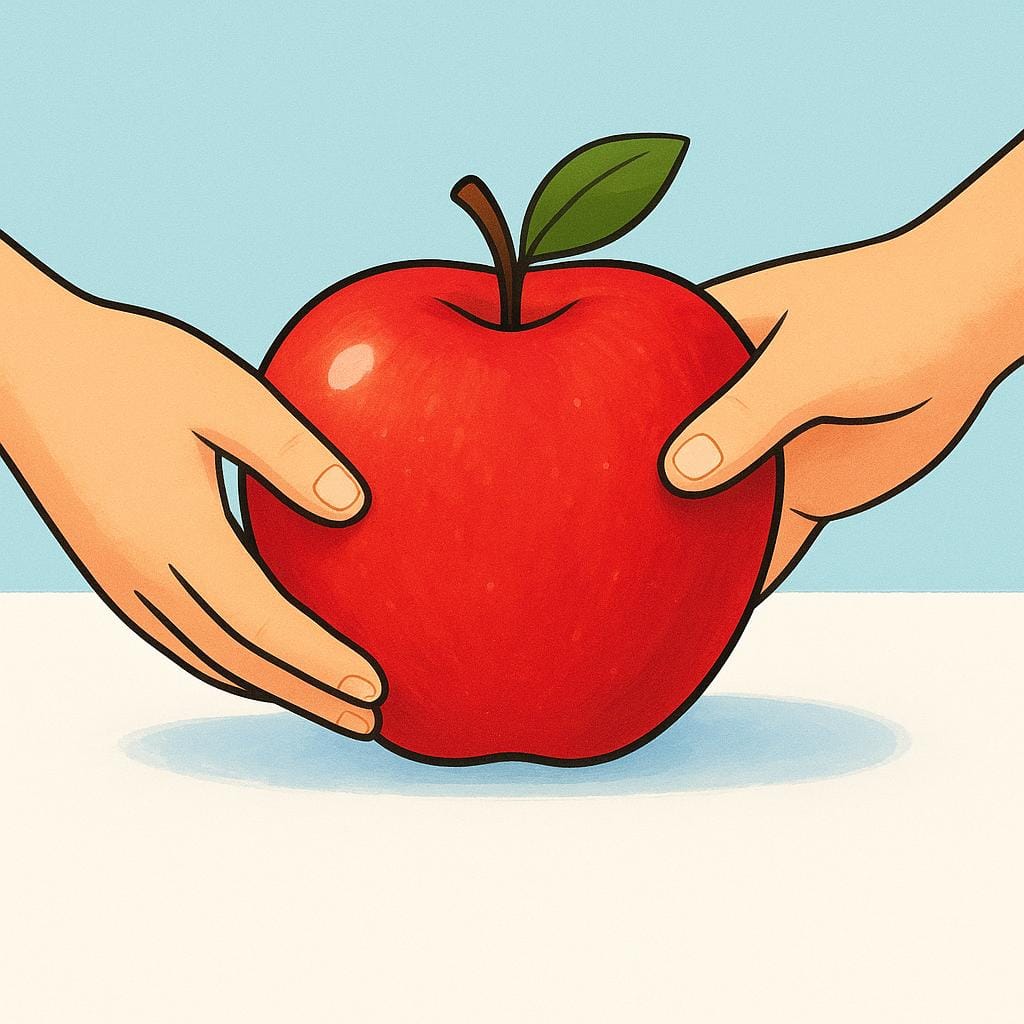 Two cartoon hands gently reaching towards and grasping a single large red apple placed on a white table.