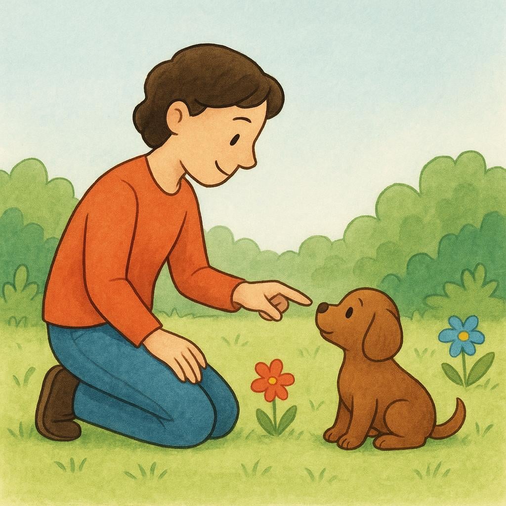 A simple storybook illustration of an adult kneeling next to a small, fluffy puppy in a sunny garden, gently pointing at the puppy to indicate the act of giving it a name.