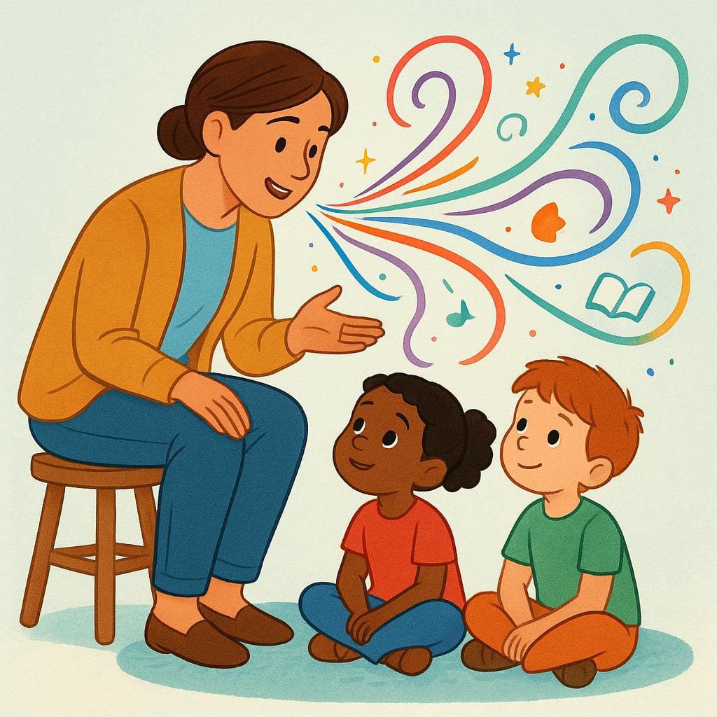 An adult sitting on a stool, leaning forward and speaking enthusiastically to two children sitting on the floor. Simple, colorful lines emanate from the adult's mouth, illustrating the narrative.