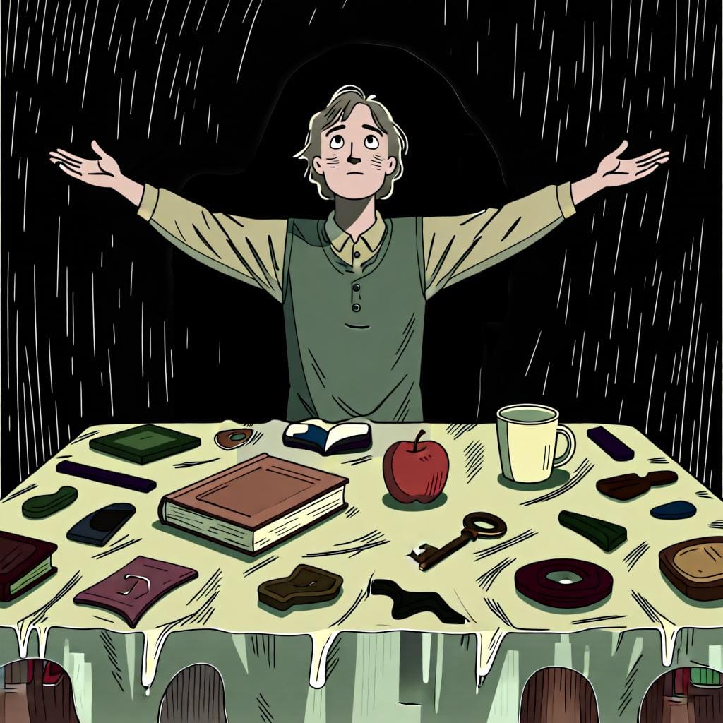 A person gesturing with open arms towards a table full of various objects, representing the concept of 'everything'.