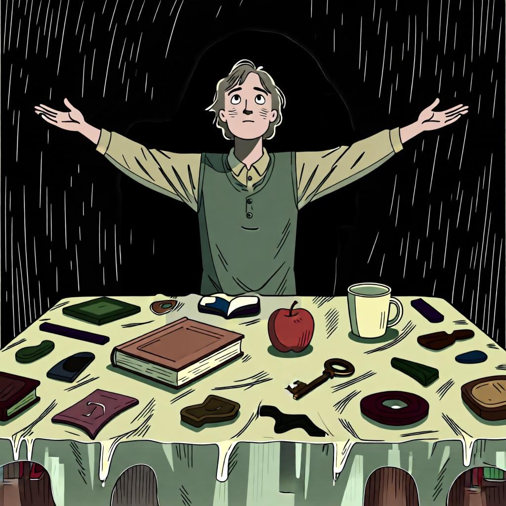 A person gesturing with open arms towards a table full of various objects, representing the concept of 'everything'.