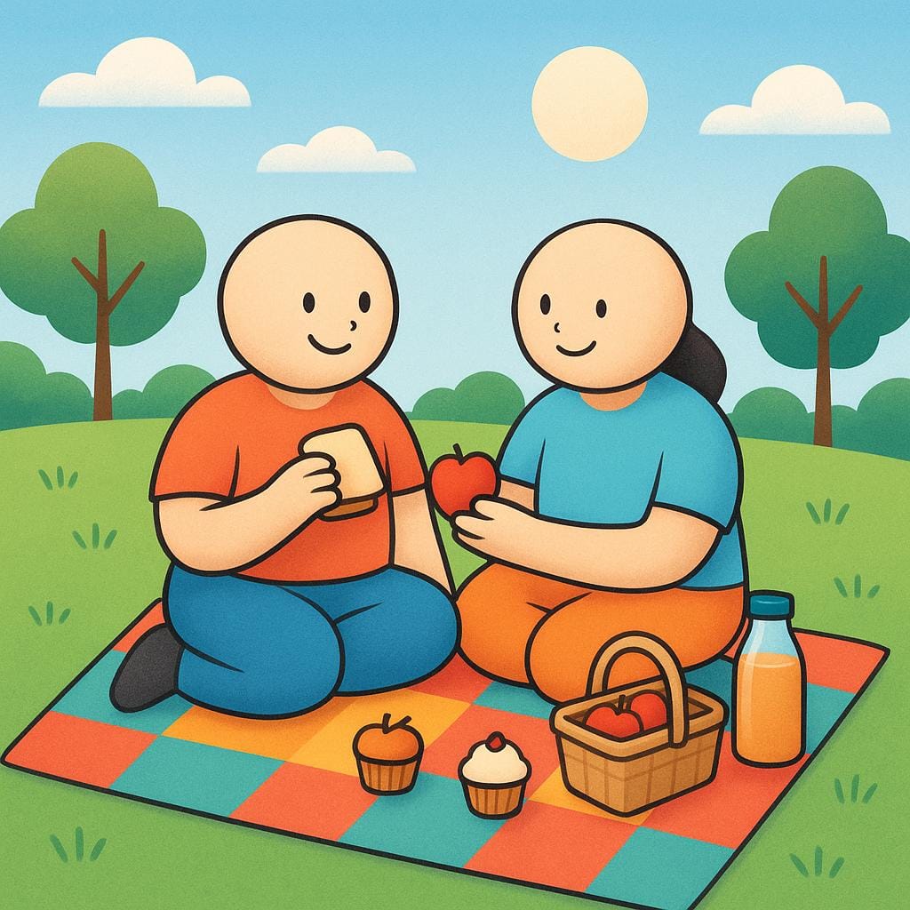 Twee vrienden zitten comfortabel op een geruite picknickkleed in een zonnig park, fruit delend en genietend van een vrijetijdsactiviteit.