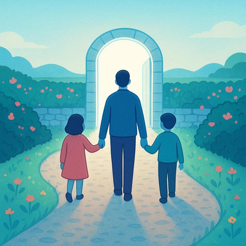A storybook illustration showing three stylized figures walking along a path away from the viewer, moving towards an open, brightly lit gate in the distance, symbolizing departure.