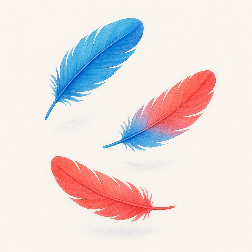 Diverse piume morbide e colorate blu e rosse di uccello che fluttuano dolcemente nell'aria.