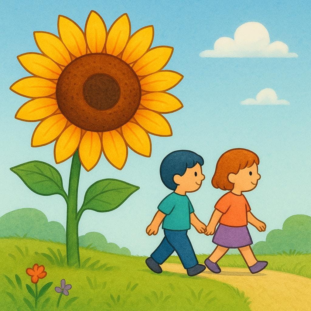 Twee vereenvoudigde figuren, die 'wij' voorstellen, lopen zij aan zij over een pad, actief langs een grote, felgekleurde gele zonnebloem.