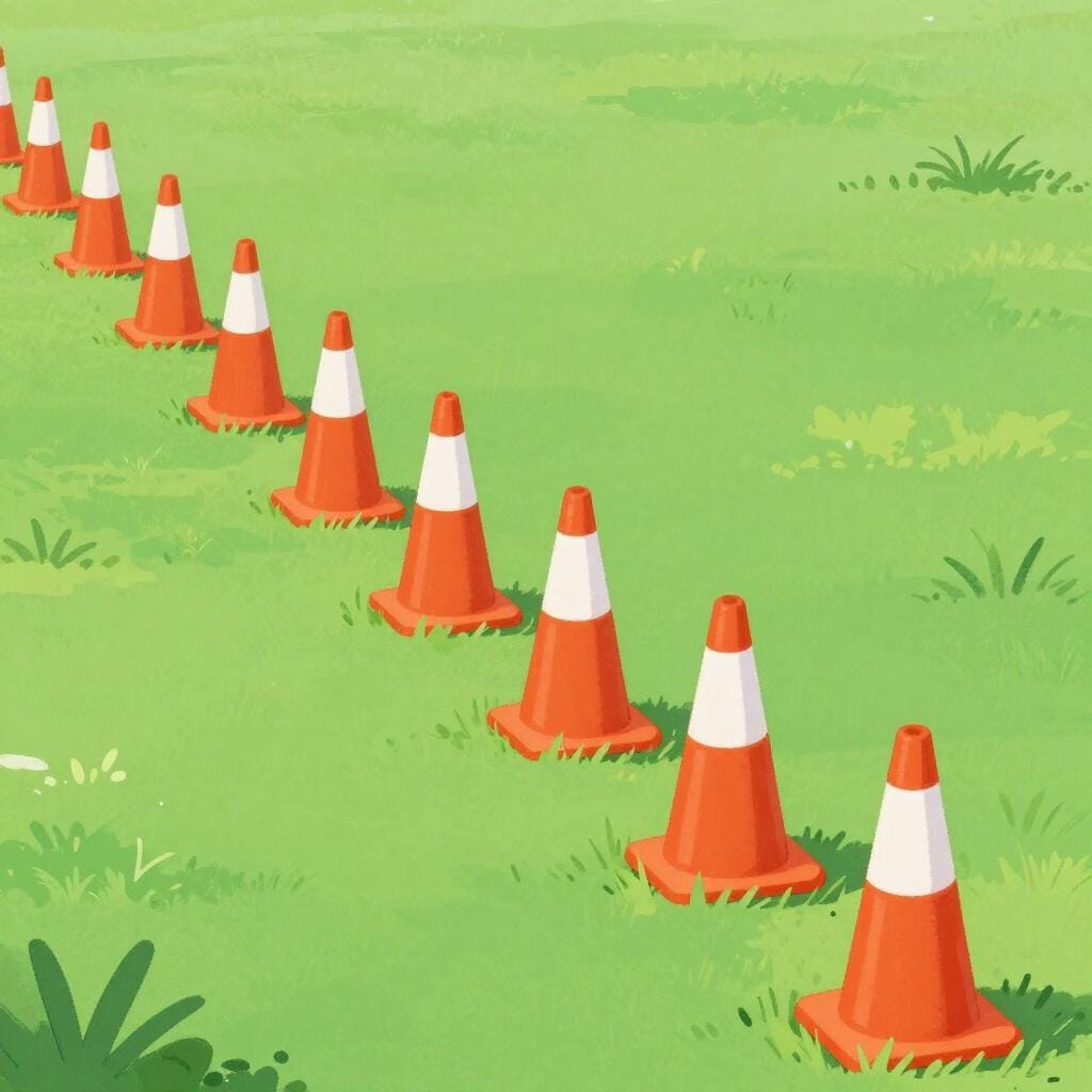 A row of small orange traffic cones placed in a straight line across a green field to mark a boundary.