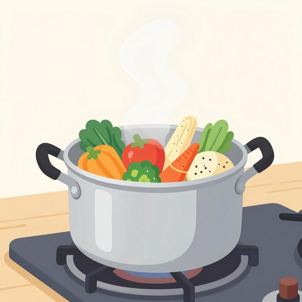 A pot of soup bubbling on a stove burner with steam rising.