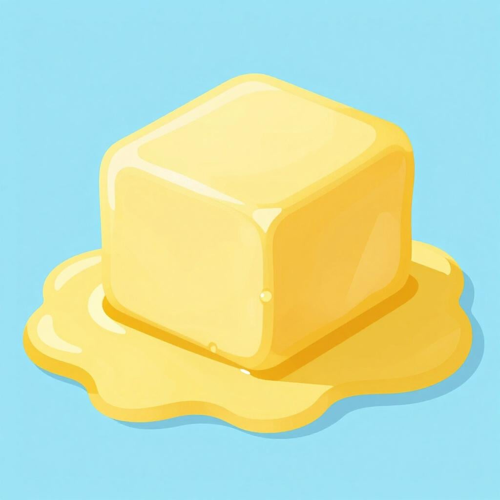 A colorful storybook illustration of a golden block of butter melting into a smooth yellow puddle on a warm surface.