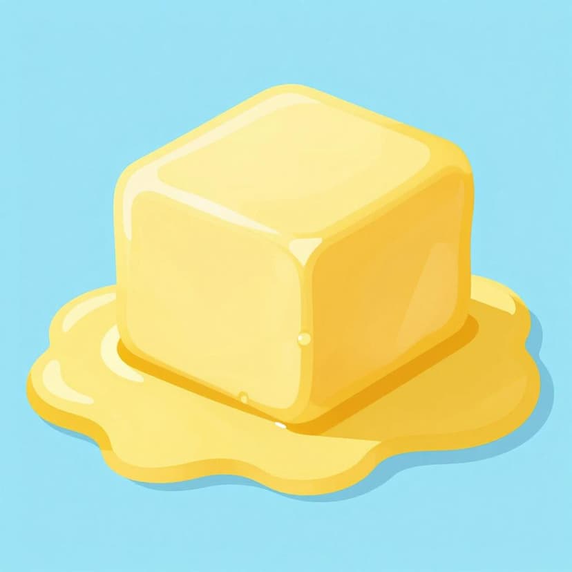 A colorful storybook illustration of a golden block of butter melting into a smooth yellow puddle on a warm surface.