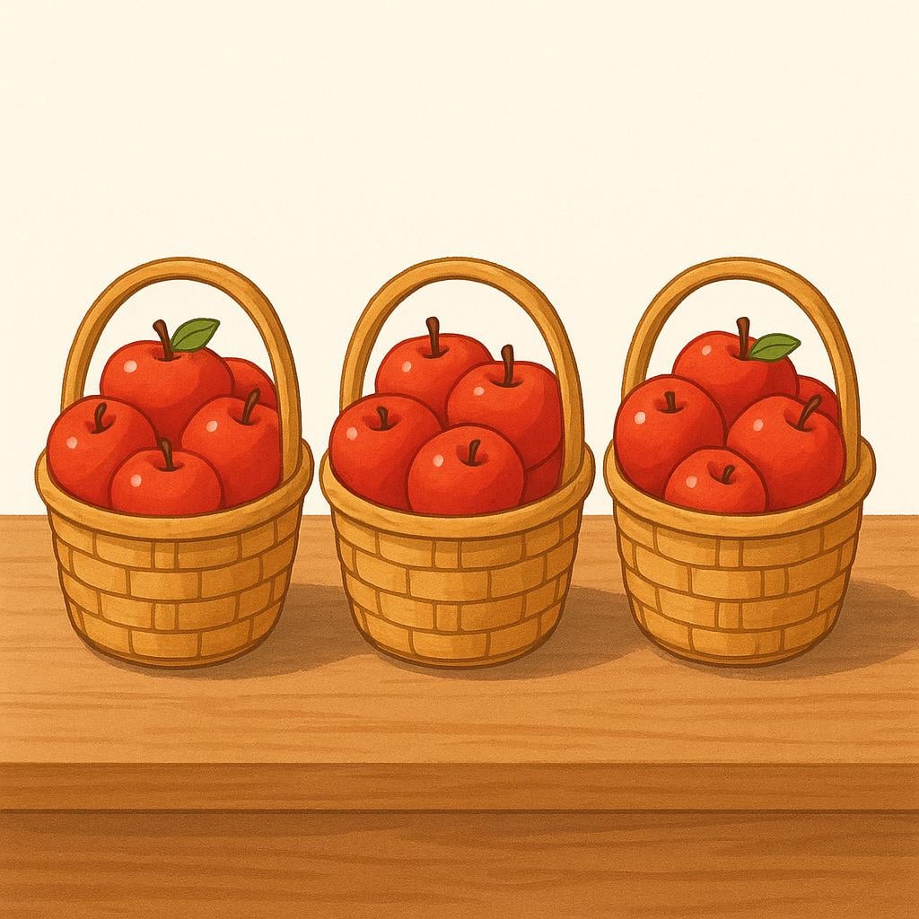 Three identical small woven baskets, each filled with the same number of bright red apples, sitting side-by-side on a simple surface.