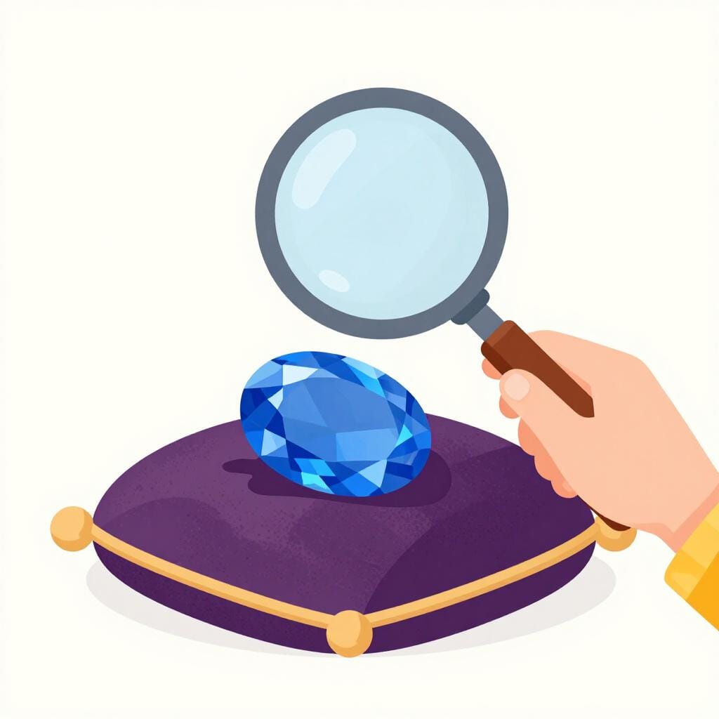 A person using a magnifying glass to look closely at a sparkling gemstone.