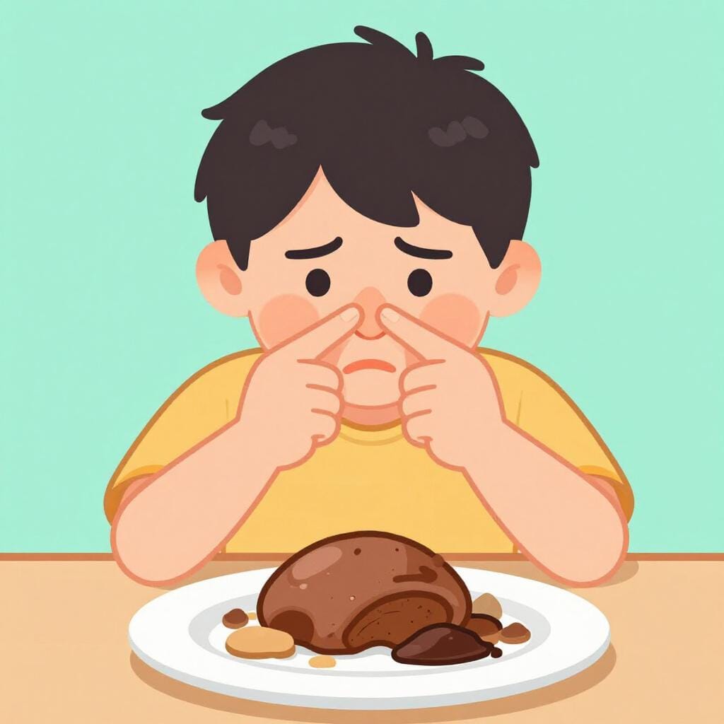 Uma pessoa virando a cabeça para longe de uma pilha de comida podre e marrom com uma expressão de extremo desagrado.