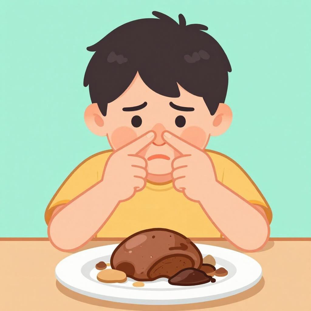 A person turning their head away from a pile of rotting, brown food with a look of extreme dislike.