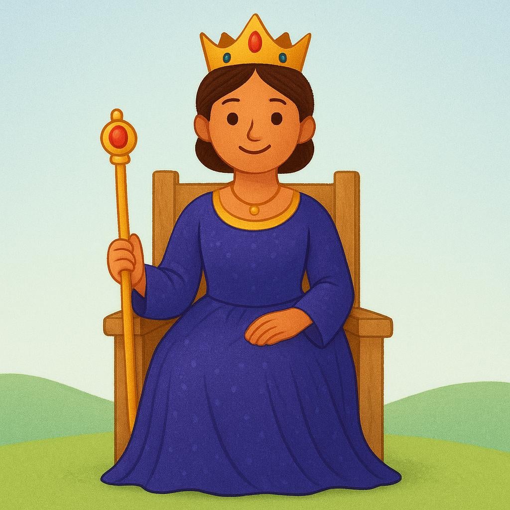 A powerful queen wearing a golden crown and sitting on a simple wooden throne, holding a scepter, representing influence and authority.