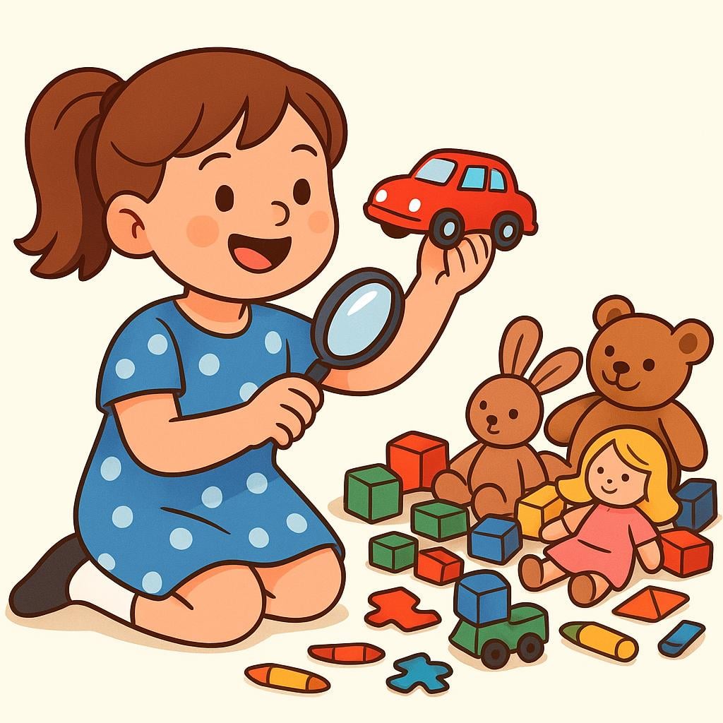 A girl with a magnifying glass kneeling next to a messy pile of toys, holding up a small, bright red toy car that she has just found.