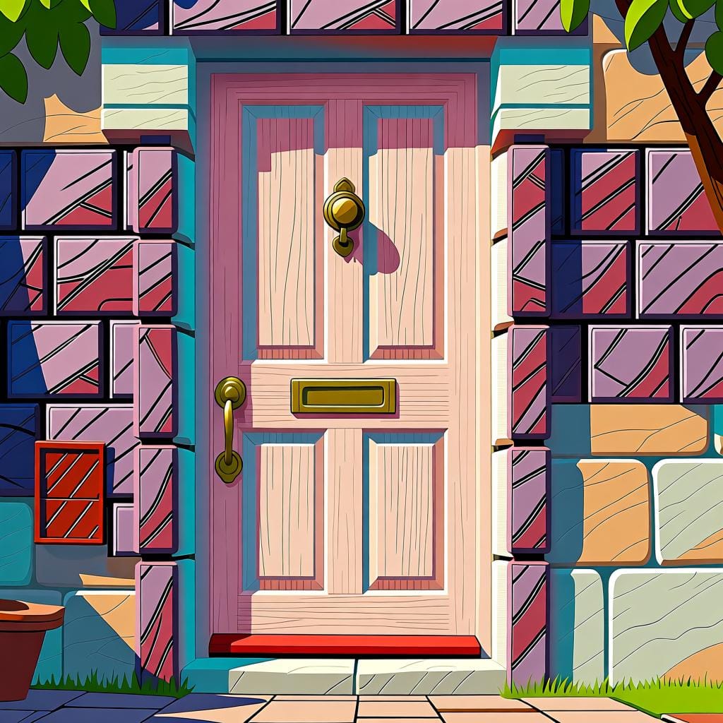 A bright red wooden front door of a cozy cottage, slightly ajar, letting warm yellow light stream out.